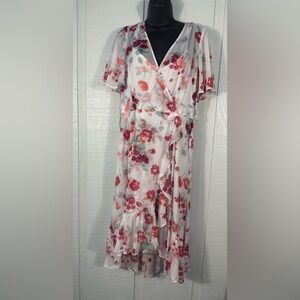 Calvin Klein Floral Wrap Midi Dress in White with Pink Floral Print